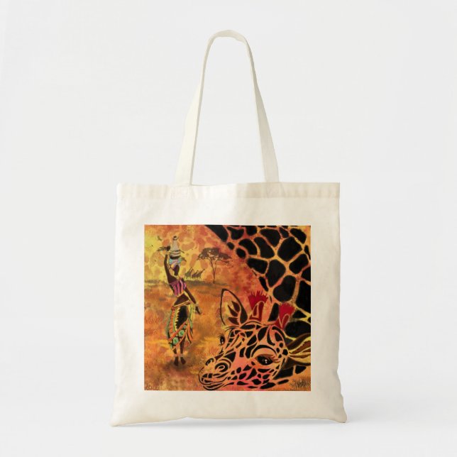 Tote Bag African Girl and Giraffe - Friends - Art Drawing - (Devant)