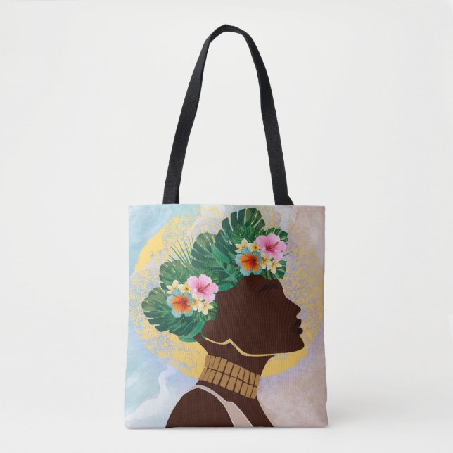 Tote Bag Afro-Américaine Femme Florale Couronne (Devant)