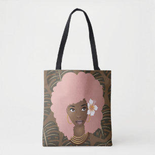Tote Bag Afro rose, fleurs dans les cheveux, Motif Feuille