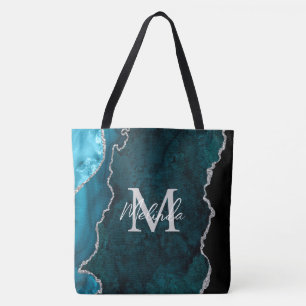 Tote Bag Agate Marbre Bleu Turquoise et Argent