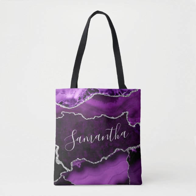 Tote Bag Agate Marbré Violet et Faux Argent Pailleté (Devant)