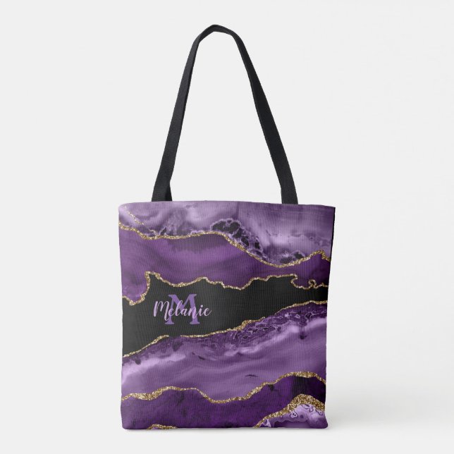 Tote Bag Agate marbré violet et Parties scintillant d'or (Dos)