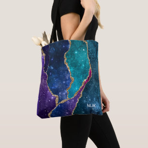 Tote Bag Agate Monogramme Veines Or Bleu Violet Aqua