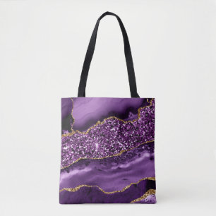 Tote Bag Agate océanique élégante violette et dorée paillet