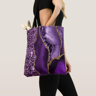 Tote Bag Agate océanique élégante violette et dorée paillet