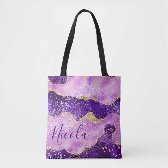 Tote Bag Agate pailletée violette et rose et or faux (Devant)