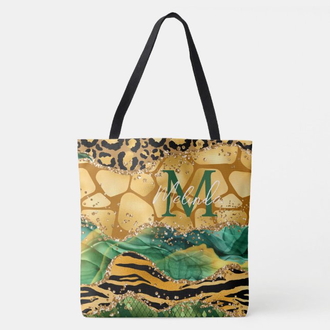 Tote Bag Agate Poster de animal Gold et Green Safari (Devant)