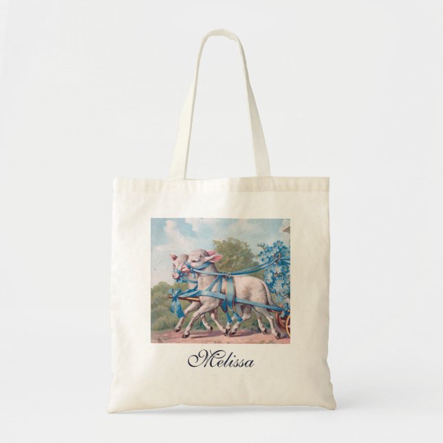 Tote Bag Agneaux vintages habillés en rubans bleus (Devant)