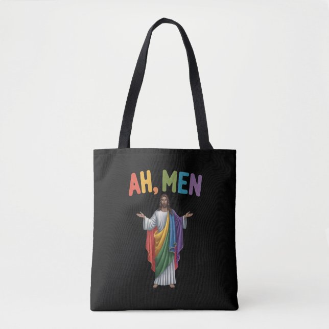 Tote Bag Ah Men Funny LGBT Gay pride Jesus Rainbow Flag (Devant)