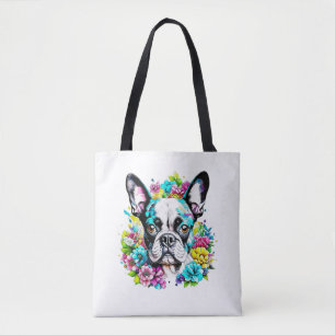 Tote Bag Ai Boston Terrier entouré de fleurs