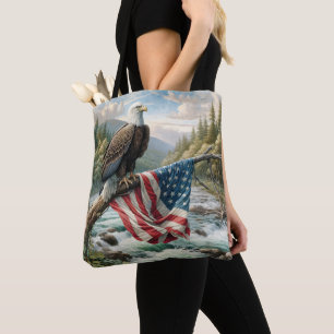 Tote Bag Aigle Balle Avec Drapeau Américain Sur Branche Arb