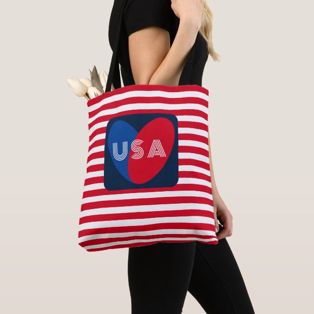 Tote Bag Aimez les USA Patriotique Rouge Bleu Bleu Coeur am (De près)