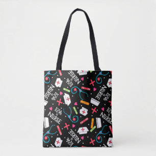 Tote Bag Aimez un noir d'art d'infirmière avec des motifs
