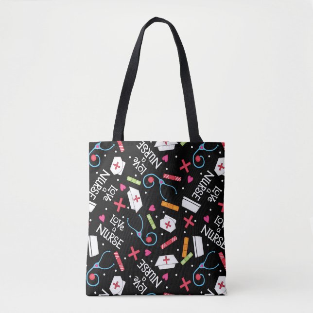 Tote Bag Aimez un noir d'art d'infirmière avec des motifs (Devant)