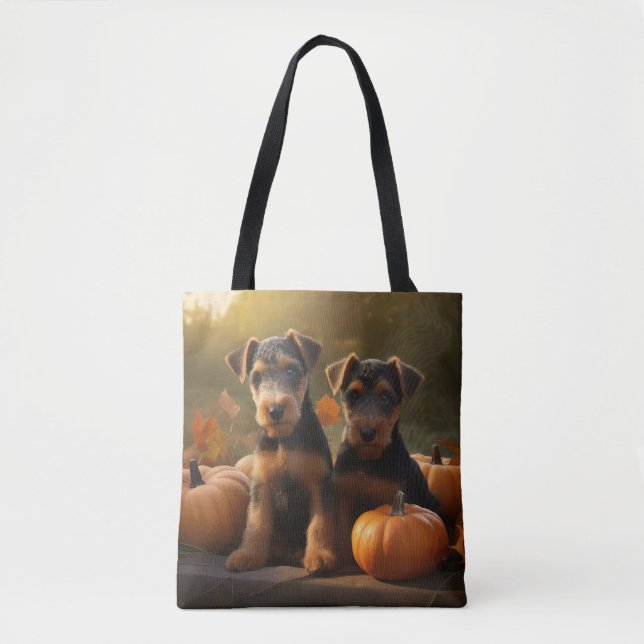 Tote Bag Airedale Chiot Automne Citrouille délice (Devant)