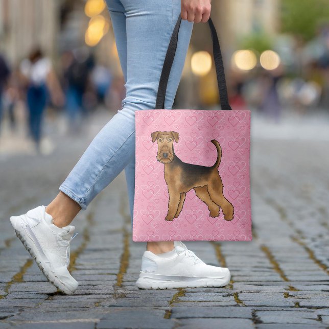 Tote Bag Airedale Terrier Chien Aimer Avec Motif Coeur Rose (Please note: This image is a digital mockup. The product may not be in scale.)