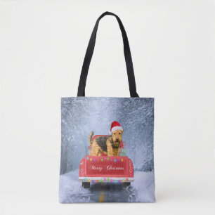 Tote Bag Airedale Terrier Chien en Neige assis à Noël