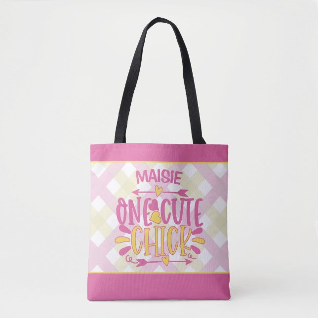 Tote Bag AJOUT PERSONNALISÉ NOM Un mignon Chick Rose Jaune (Devant)