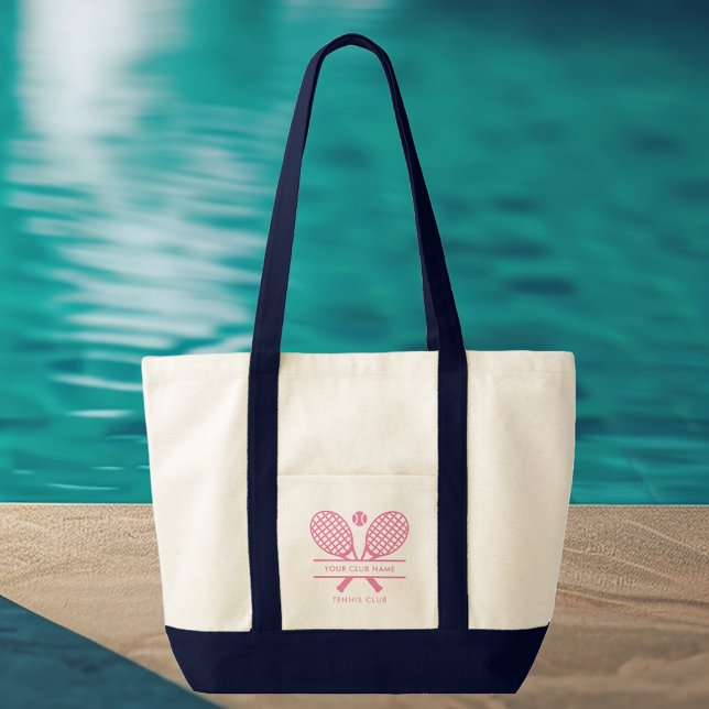 Tote Bag Ajouter le nom du club Tennis Team Green Swag pers (Lawn Tennies Rackets Motif Pink Logo Navy Blue Handles Tote Bag)