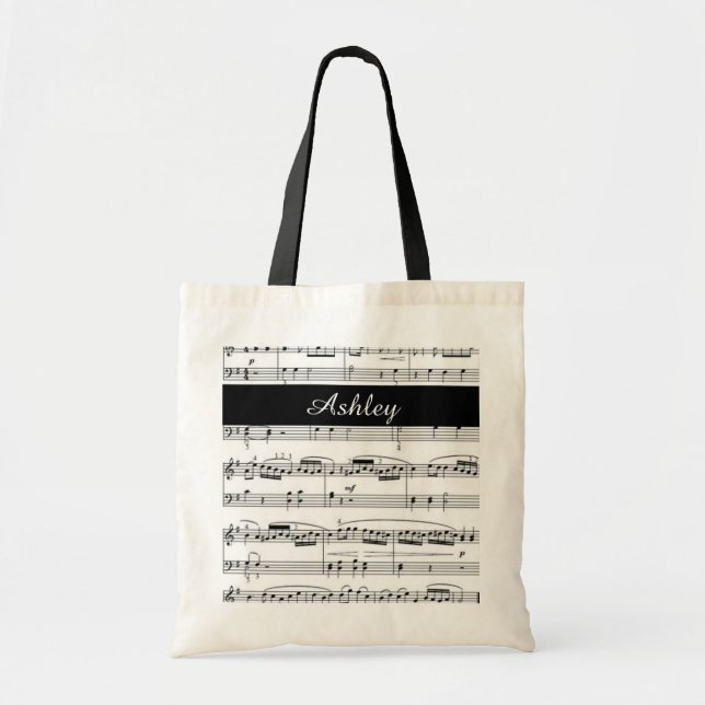 Tote Bag ajouter nom, notes de musique en noir et blanc (Devant)
