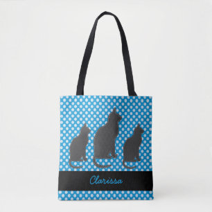 Tote Bag Ajouter un nom Bright Blue Polka Dot avec des chat