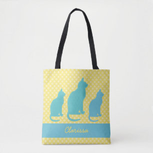 Tote Bag Ajouter un nom Polka Jaune point avec des chats Bl