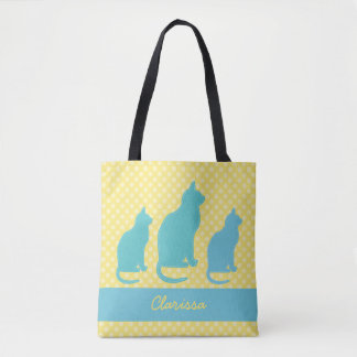 Tote Bag Ajouter un nom Polka Jaune point avec des chats Bl