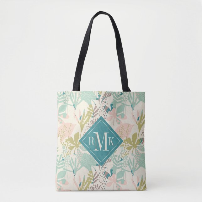 Tote Bag Ajoutez votre motif floral moderne du monogramme | (Devant)