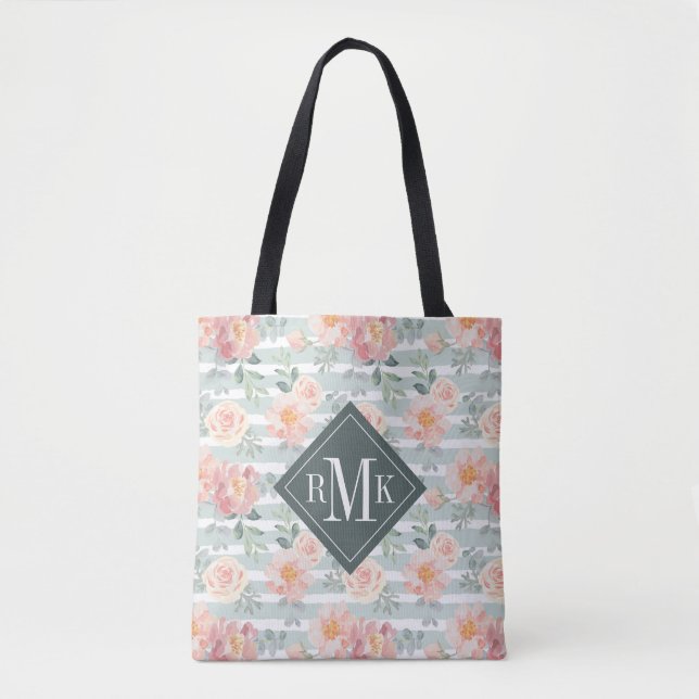 Tote Bag Ajoutez votre motif rose de rayure du monogramme | (Devant)