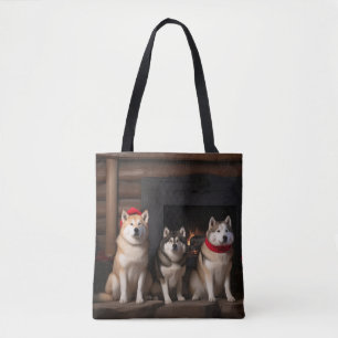 Tote Bag Akita au coin du feu de Noël