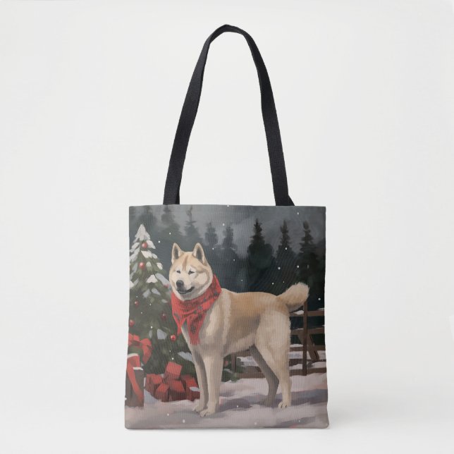 Tote Bag Akita Chien dans Noël de neige (Devant)