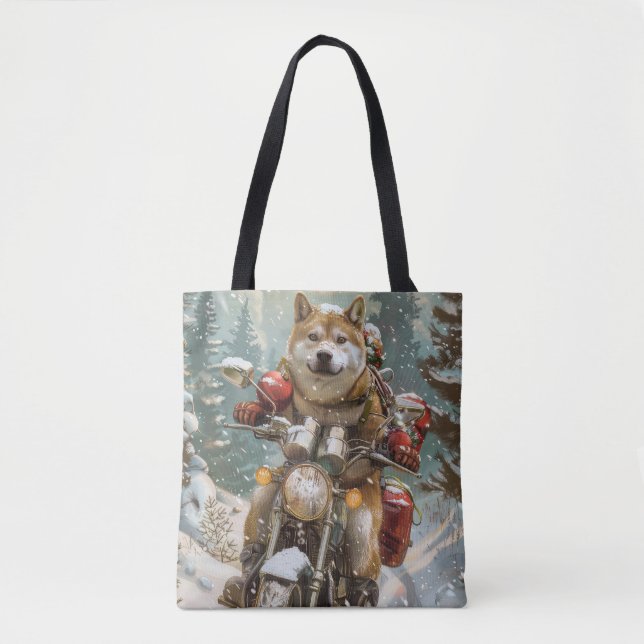 Tote Bag Akita Chien équitation moto Noël (Devant)