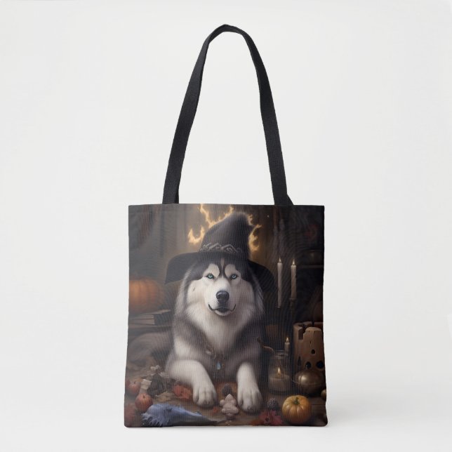 Tote Bag Alaskan Malamute Citrouilles Halloween effrayant (Devant)
