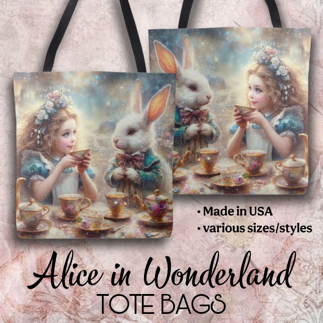 Tote Bag Alice et Lapin Blanc Whimsical à l'heure du thé (Créateur téléchargé)