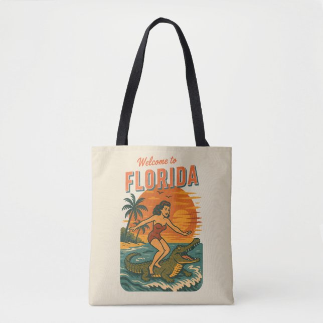 Tote Bag Alligator Surfer Beach Pin-Up | Retro Coastal Surf (Devant)
