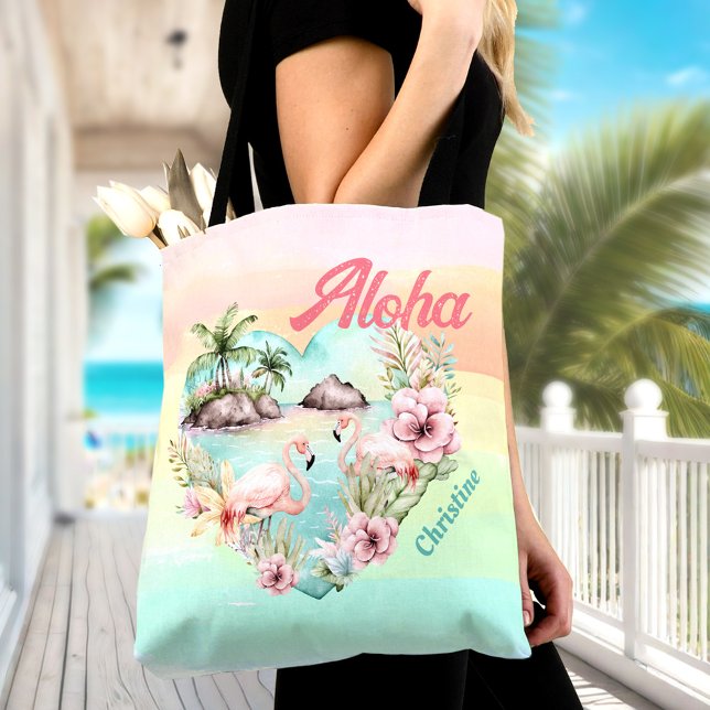 Tote Bag Aloha Hawaii Flamant rose d'été Nom Plage Tropical (Aloha Hawaii Summer Flamingo Name Beach Tropical Tote Bag)