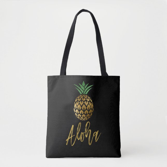 Tote Bag Aloha Tropical Hawaiian Mariage d'ananas noir (Devant)