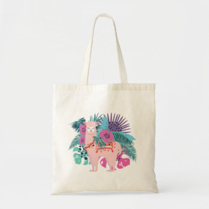 Tote Bag Alpaga rose, llama feuilles tropicaux et fleurs de