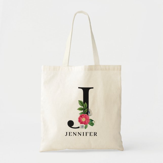 Tote Bag Alphabet Floral Personnalisé J Monogramme (Devant)