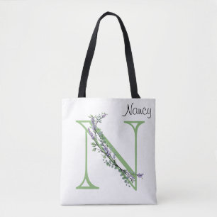 Tote Bag Alphabet la lettre N, Monogramme Lavande Eucalyptu