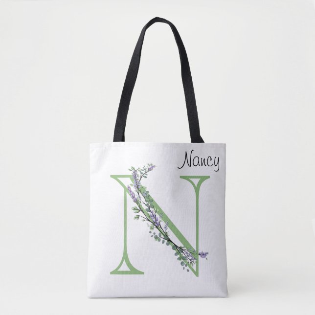 Tote Bag Alphabet la lettre N, Monogramme Lavande Eucalyptu (Devant)