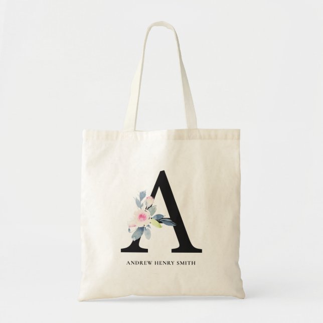 TOTE BAG ALPHABÈTES FLORAUX BLEUS DOUX NOM LETTRE A (Devant)