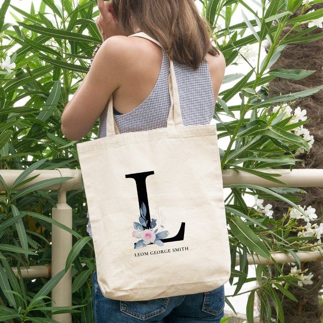 TOTE BAG ALPHABÈTES FLORAUX BLEUS DOUX NOM LETTRE L (Créateur téléchargé)
