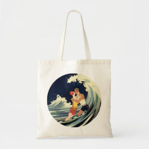 Tote Bag Amants Art Déco vintage s'embrassant dans les vagu