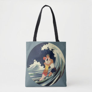 Tote Bag Amants Art Déco vintage s'embrassent dans les vagu