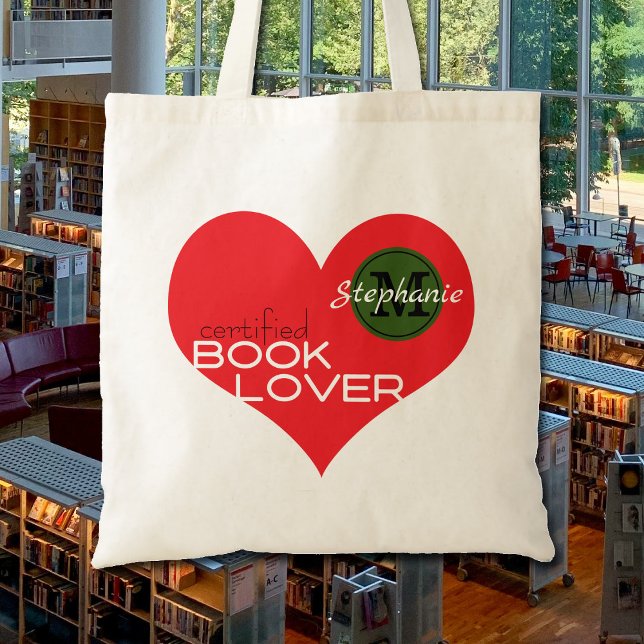 Tote Bag Amateurs de livre Heart Reader's Name Monogramme (Eye-catching book bag for the book lover in your life.  Budget friendly bag.)