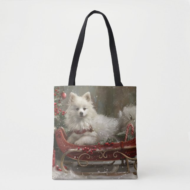 Tote Bag American Eskimo Chien Festif de Noël (Devant)