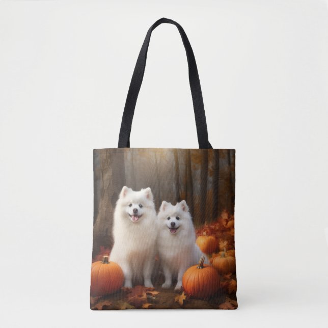 Tote Bag American Eskimo Chiot Automne Citrouille délice (Devant)