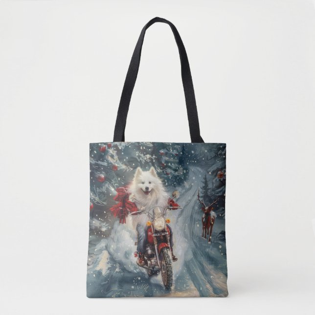 Tote Bag American Eskimo Dog équitation moto Noël (Devant)