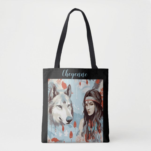 Tote Bag Amérindien - princesse indienne et loup (Devant)